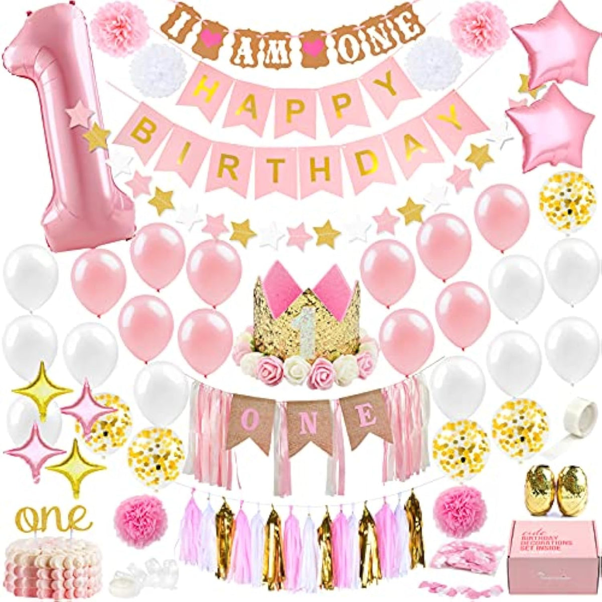 1St Birthday Girl Decorations With Birthday Crown- Baby First Birthday Decorations Girl - Pink And Gold Party Supplies - One Balloon, Heart And Confetti Balloons, Happy Birthday Banner One Cake Topper
