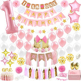 1St Birthday Girl Decorations With Birthday Crown- Baby First Birthday Decorations Girl - Pink And Gold Party Supplies - One Balloon, Heart And Confetti Balloons, Happy Birthday Banner One Cake Topper