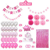 Pink Birthday Party Decorations, Light Pink And White Decor With Happy Birthday Banner, Tissue Pom Pom Flowers, Hot Pink And White Balloons, Pink Foil Curtain, Bday Party Supplies For Women