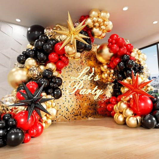 Red Black Gold Balloons Arch Kit With 3Pcs Star Balloons, Red Black And Gold Balloons Garland For Anniversary Casino Night Hollywood New Years Movie Night Birthday Decorations