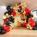 Red Black Gold Balloons Arch Kit With 3Pcs Star Balloons, Red Black And Gold Balloons Garland For Anniversary Casino Night Hollywood New Years Movie Night Birthday Decorations
