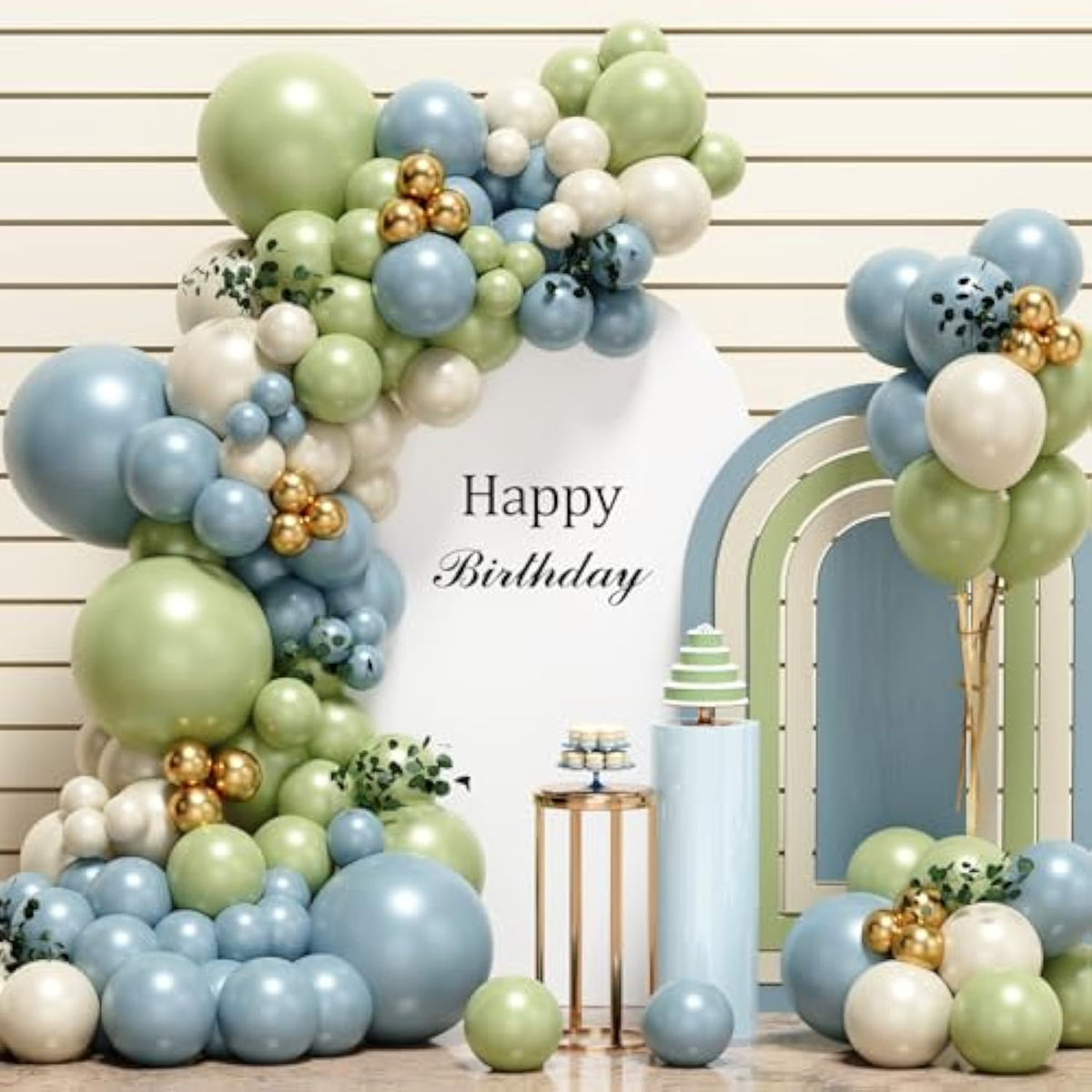 Dusty Green Blue Balloon Garland Arch Kit,116Pcs Green Blue Haze Blue White Sand Gold Balloons For Birthday Party Baby Shower Boho Bridal Shower Wedding Decoration