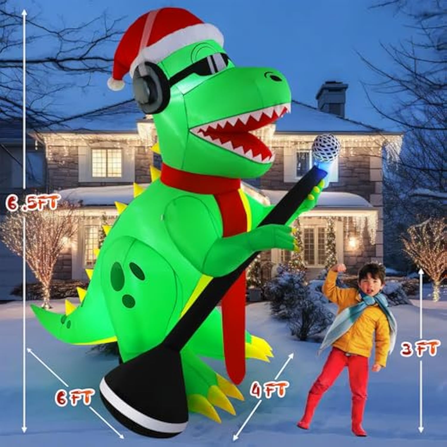 6.5Ft Christmas Inflatable Dinosaur Singing Outdoor Patio Decoration, Giant Dinosaur With Built-In Bright Led Lights For