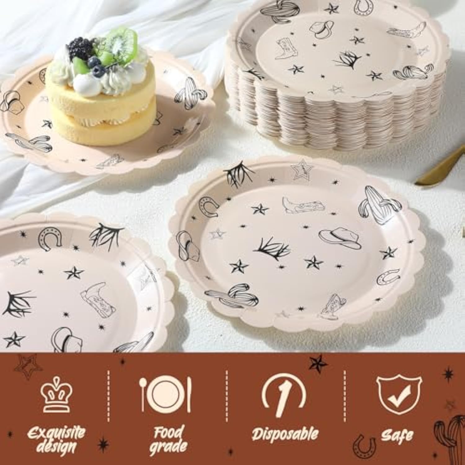 100 Pcs Cowboy Party Plates Decorations Western Cowboy Birthday Paper Plates Disposable Rodeo Bachelorette Party Dinner Tableware Set For Western Themed Birthday Baby Shower Decorations