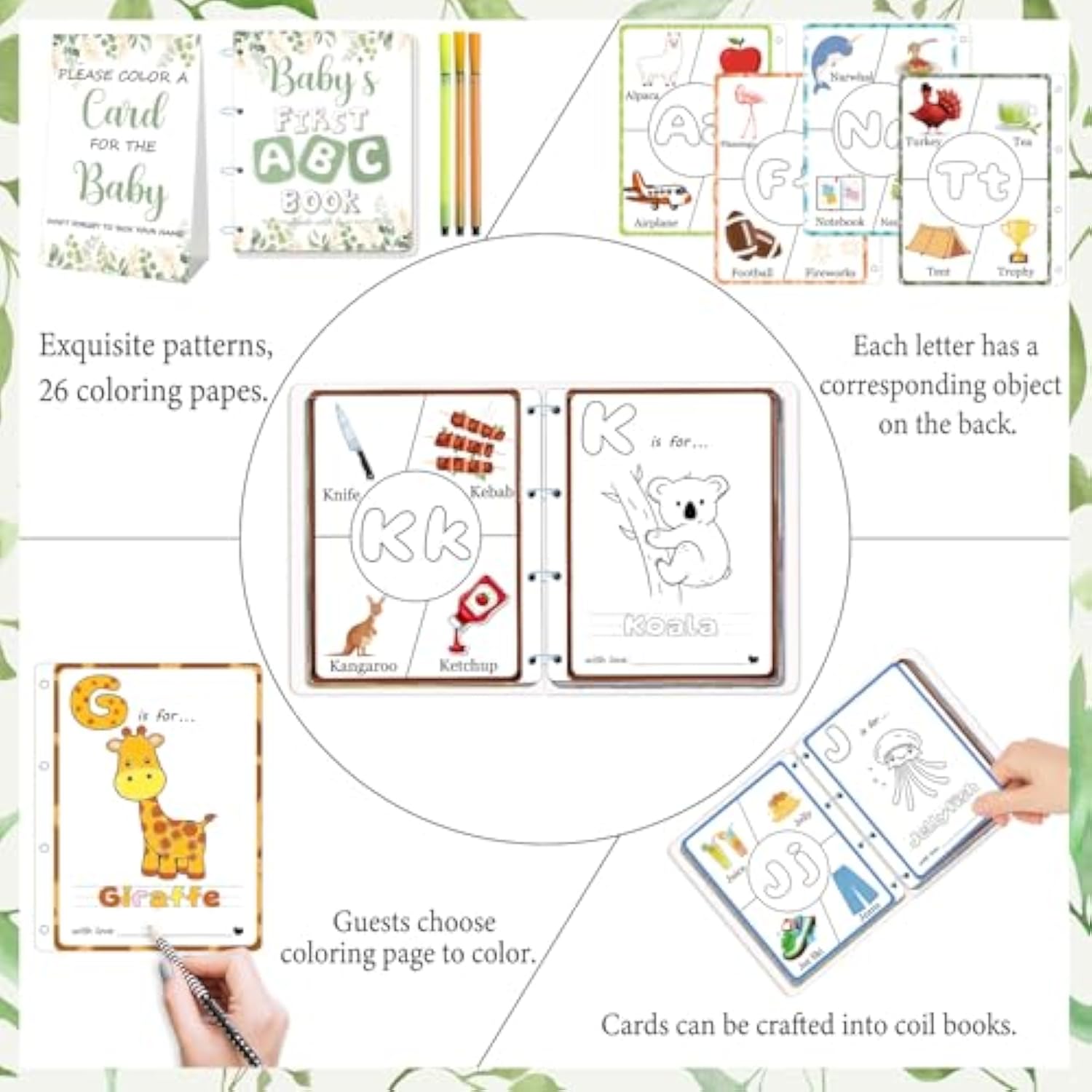 Baby'S First Abc Book & Baby Shower Game – A To Z Coloring Cards With 24 Watercolor Pens, Fun Interactive Activity For Guests, Unique Keepsake Alternative To Guest Book (Sage Theme)