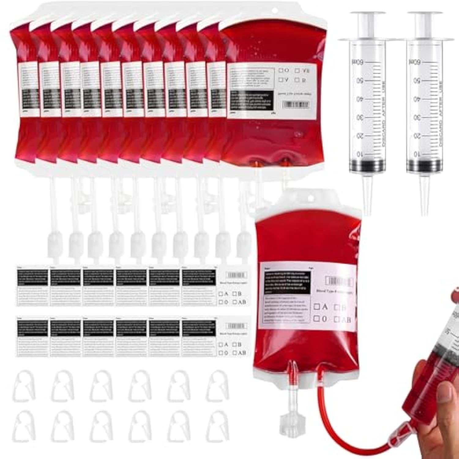 12 Pack Halloween Blood Bag Drink Containers, Reusable Iv Blood Bags Pouches For Vampire Cosplay, Nurse, Medical, Horror Party Decorations, Doctor Nursing/Rn Graduation, 12 Fl. Oz. Each + 2 Syringes