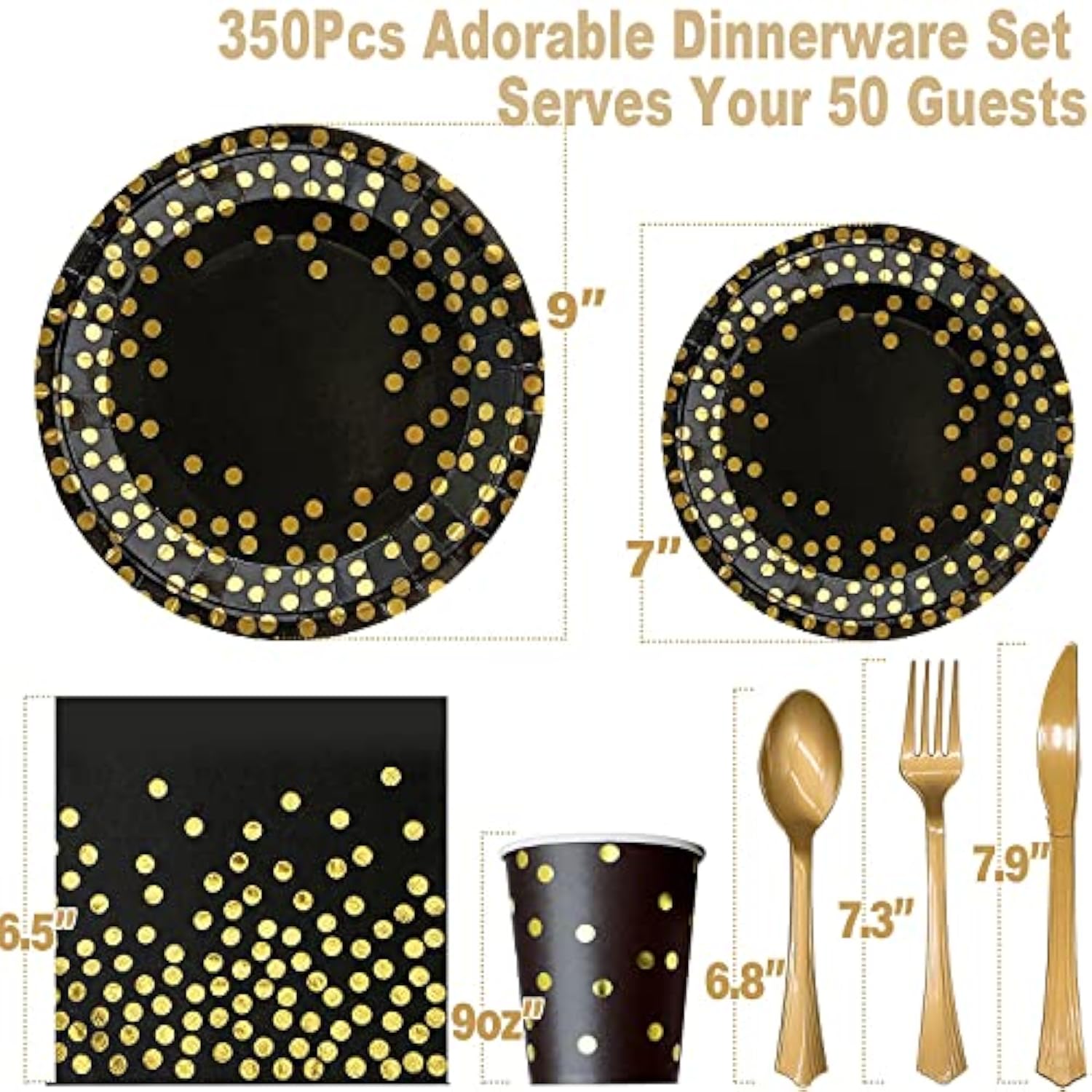350Pcs Black And Gold Paper Plates Party Supplies For 50 Guests Party Decorations Disposable Dinnerware Golden Dot Paper Plates Napkins Cups Gold Plastic Forks Knives Spoons For Birthday Wedding