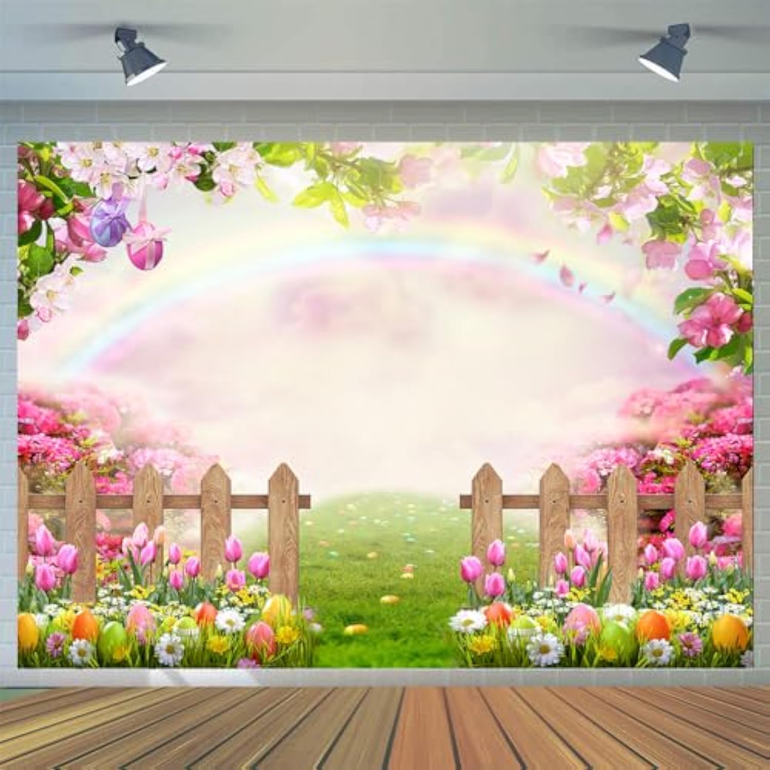 7X5Ft Easter Backdrop Spring Easter Photography Backdrop Green Grass Pink Floral Colorful Eggs Rainbow Nature Scenery Background Children Birthday Party Banner Easter Party Backdrop
