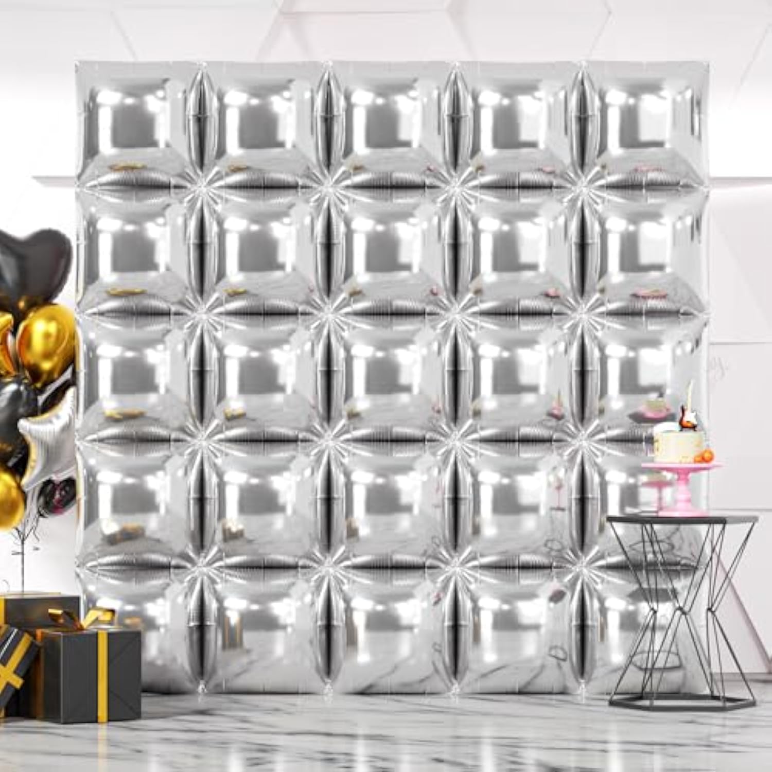 25Pcs Metallic Silver Square Foil Balloons Wall Backdrop Chrome Silver Balloons Tunnel Garland Arch Kit For Anniversary Bachelorette Birthday Engagement Bridal Baby Shower Party Decorations