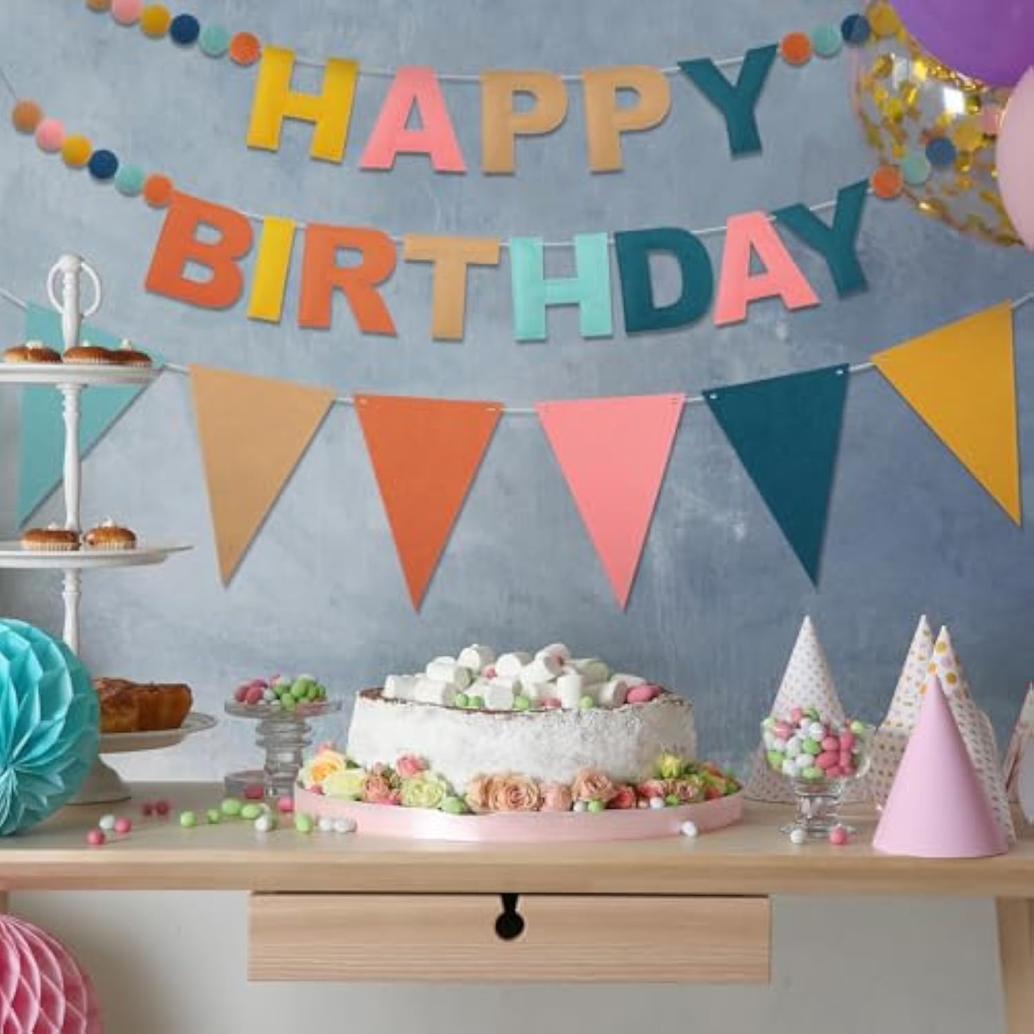 2 Pack Boho Felt Happy Birthday Pennant Banner 12Ft Pre-Strung Rainbow Felt Ball Garland Triangle Flags Reusable 3D Happy Birthday Sign Decorations For Women Boys Girls Party Decor Photo Prop