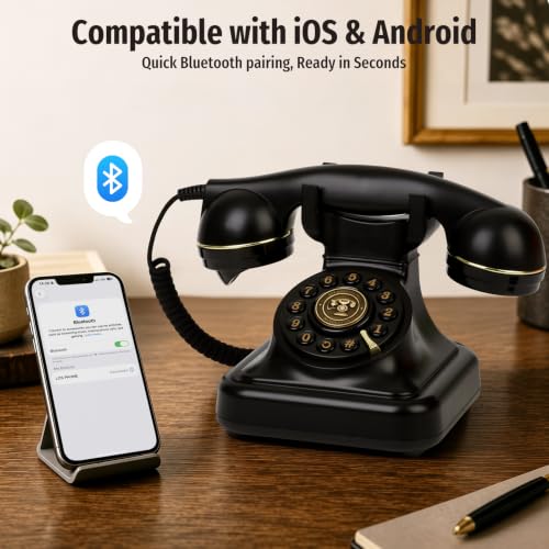 Bluetooth Retro Phone With Speakerphone, Bluetooth Landline Telephone, Bluetooth Home Phone With Usb Rechargeable Power, Hands-Free Calling & Music Playback, Black