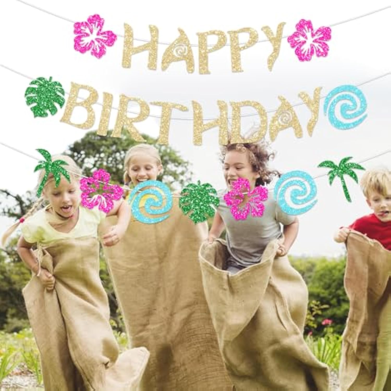 Hawaiian Moana Birthday Banner Party Decoration Glittery Gold Cake Topper For Happy Birthday Tropical Luau Summer Baby Shower Decor