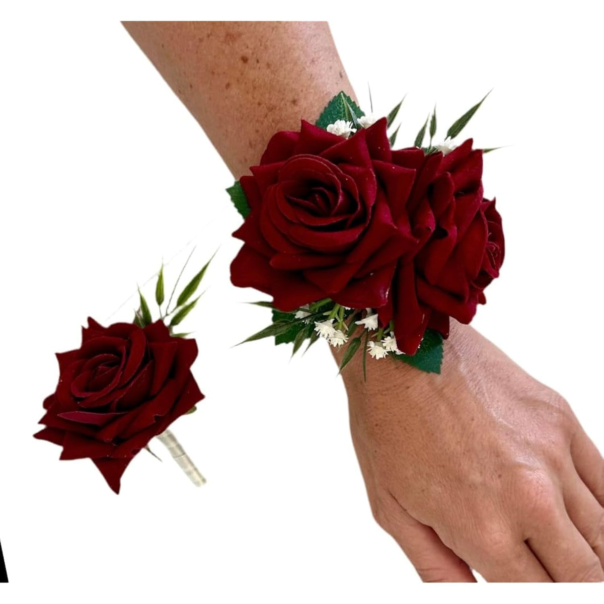 : Rose Wrist Corsage And Boutonniere Set, Usa Handcrafted Baby'S Breath Prom Flowers Wristlet Lapel Groom Floral Groomsmen Blush Pink, Red, White, Purple (Burgundy Corsage Boutonniere Set)