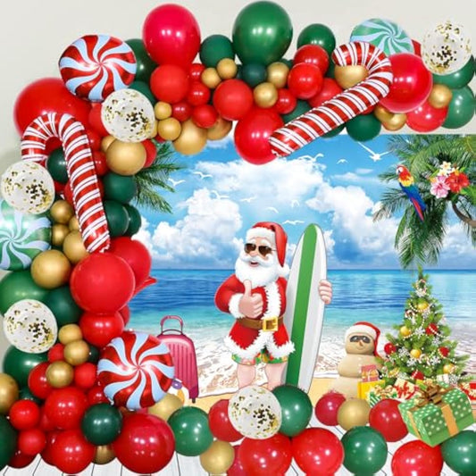 July Christmas Party Decorations Kit, Christmas Balloon Arch Garland Kit with Red Green Golden Candy Balloons, Summer Hawaiian Xmas Backdrop Banner,Tropical Beach Xmas Party Decors Supplies