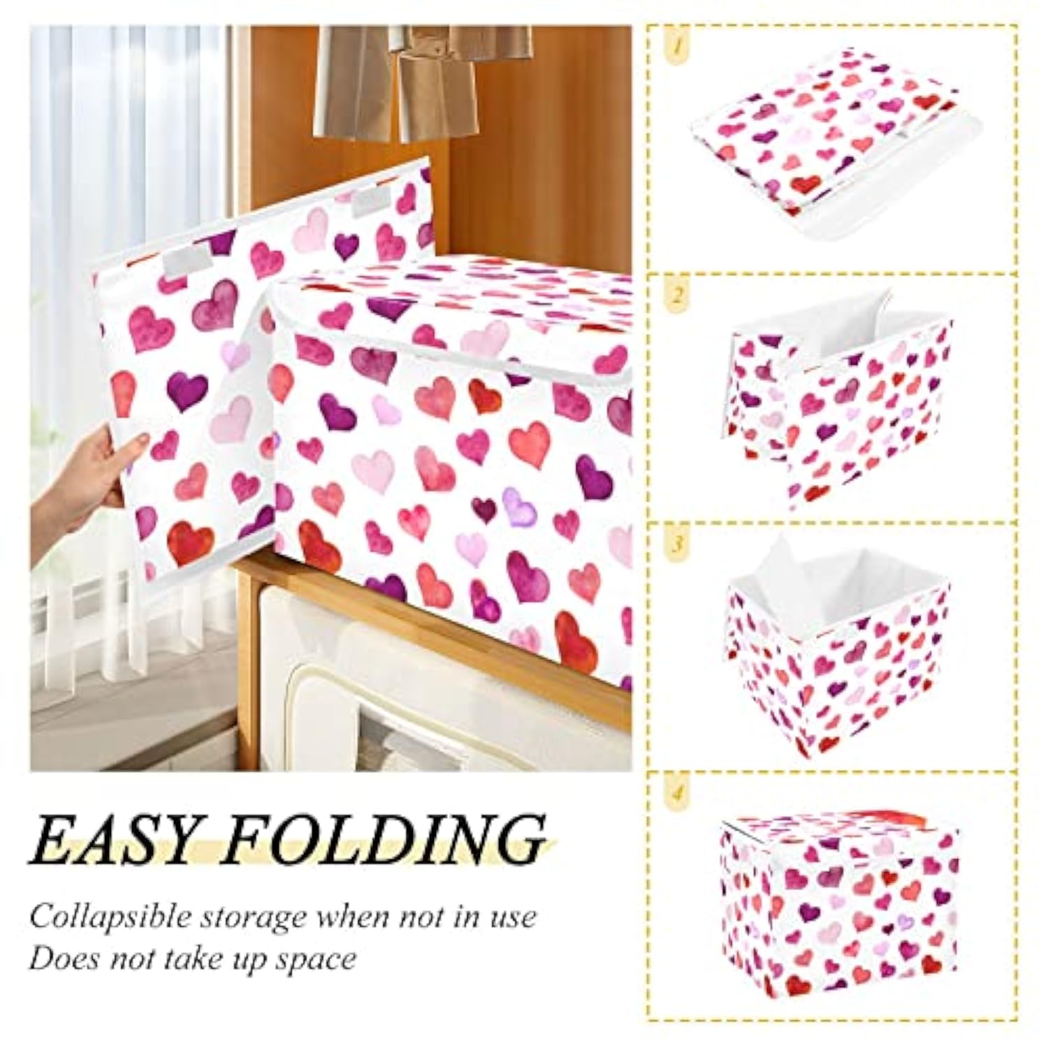 Valentines Storage Baskets Collapsible Storage Bins With Lids, Hearts Storage Boxes Clothes Baskets For Organizing