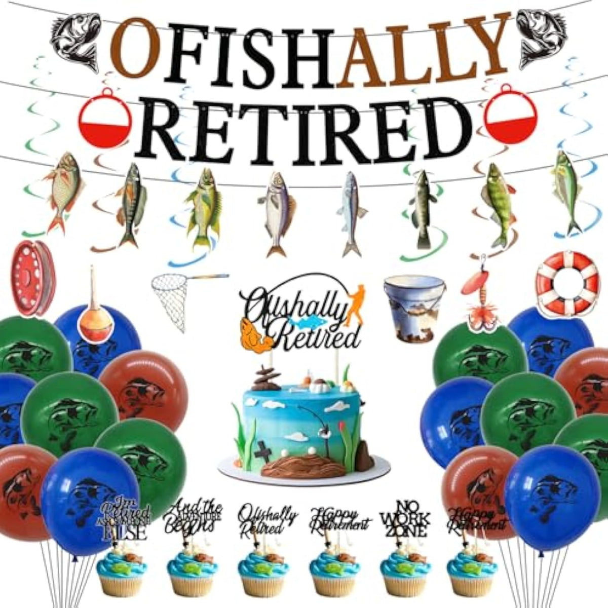 Retirement Party Decorations Men Women, Ofishally Retired Banner Balloons Cake Topper Hanging Swirls Kit, Fishing Themed Happy Retirement Party Supplies For Coworker