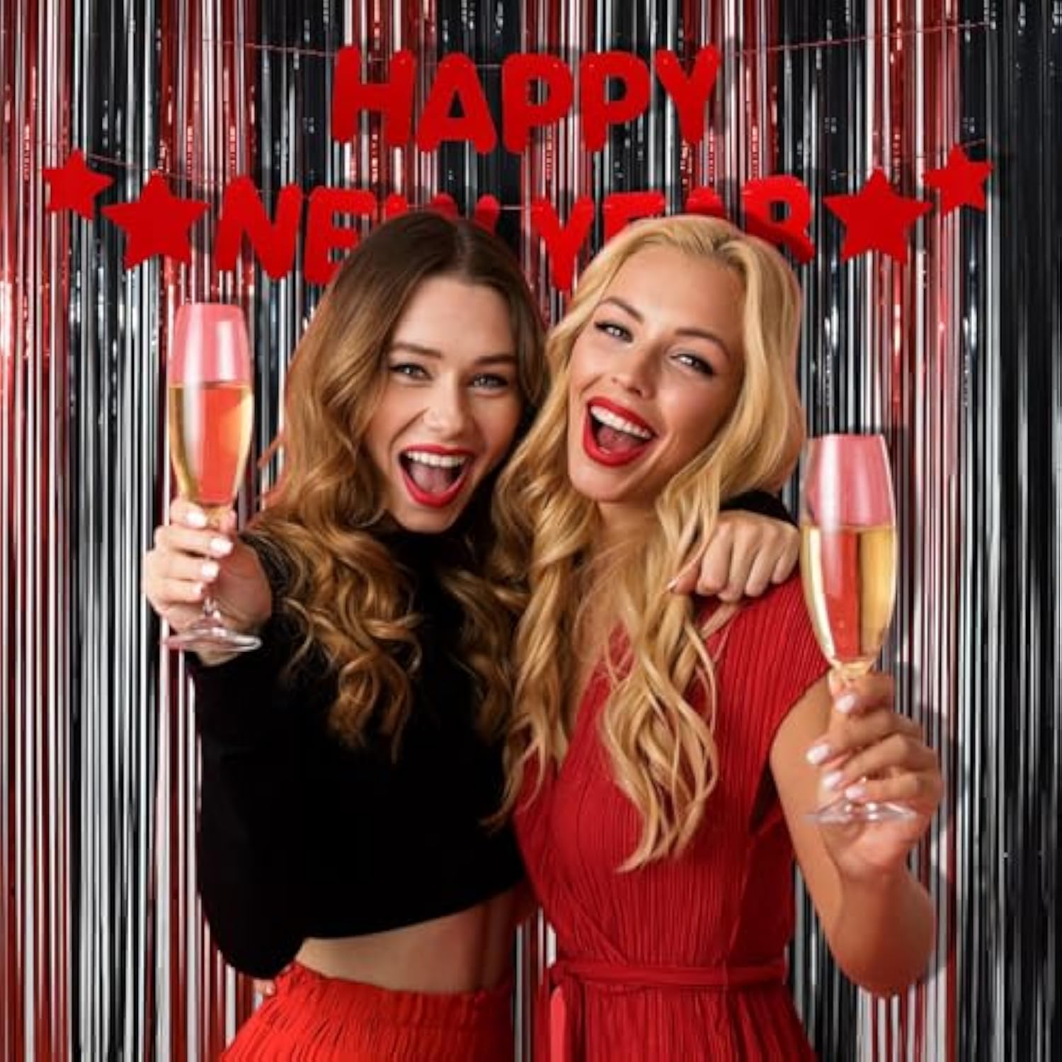 Tinsel Photo Backdrop Curtains - 2 Pack 3.2X8.2Ft Black Red Foil Fringe Streamer Curtain For Christmas/New Years/Birthdays/Bachelorette/Home/Office/Indoor/Outdoor Party Supplies Decorations