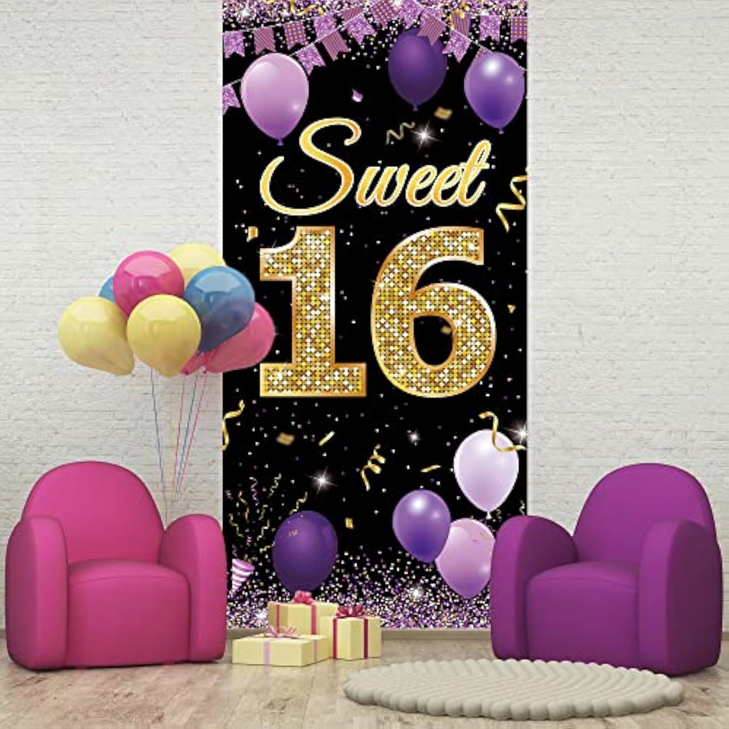 Sweet 16 Birthday Backdrop Door Banner, Happy 16Th Birthday Decoration