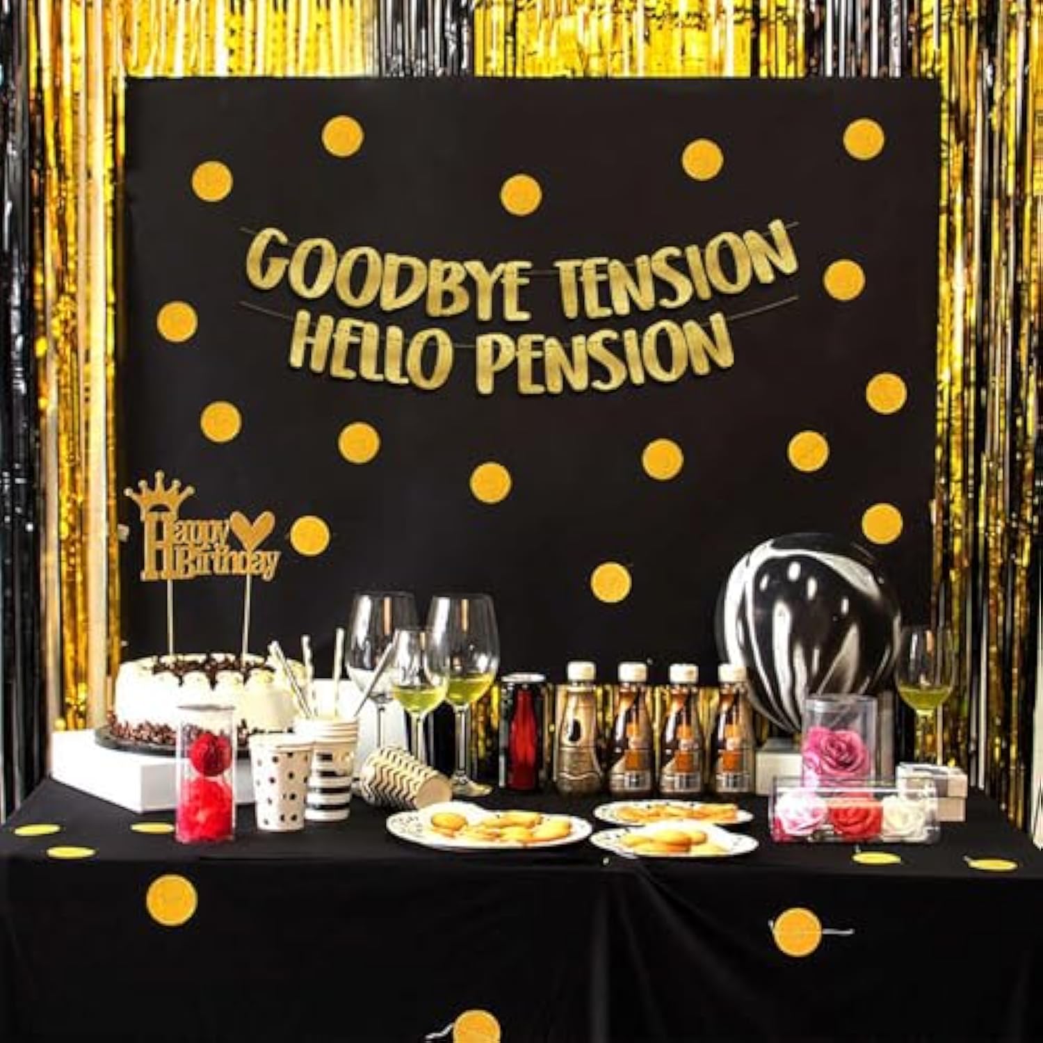 Goodbye Tension Hello Pension Gold Glitter Banner Retirement Party Supplies