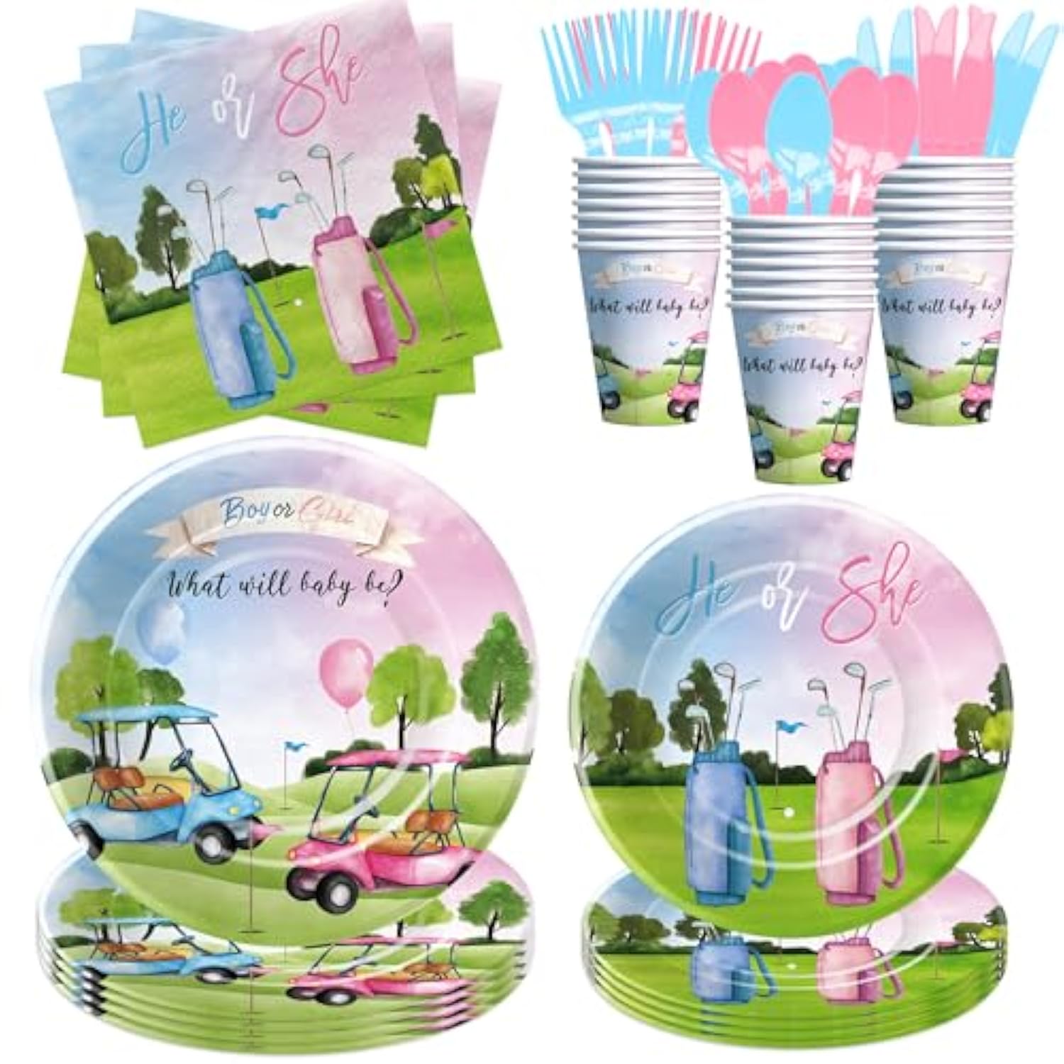 Golf Gender Reveal Decorations Tableware, Blue Or Pink Golf Gender Reveal Party Supplies, He Or She Paper Plate, Cup, Napkin, Cutlery, Serve 24