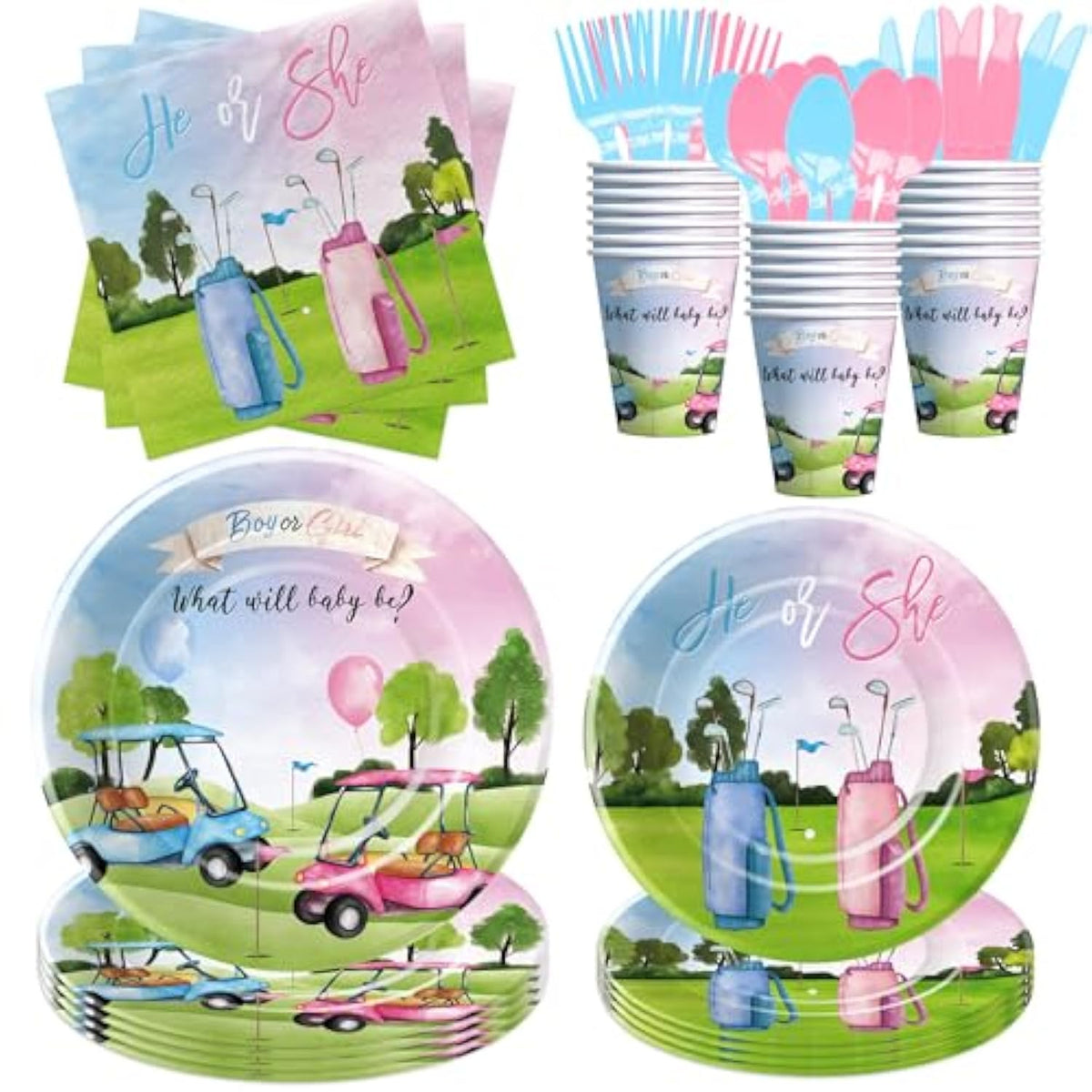 Golf Gender Reveal Decorations Tableware, Blue Or Pink Golf Gender Reveal Party Supplies, He Or She Paper Plate, Cup, Napkin, Cutlery, Serve 24