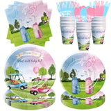 Golf Gender Reveal Decorations Tableware, Blue Or Pink Golf Gender Reveal Party Supplies, He Or She Paper Plate, Cup, Napkin, Cutlery, Serve 24