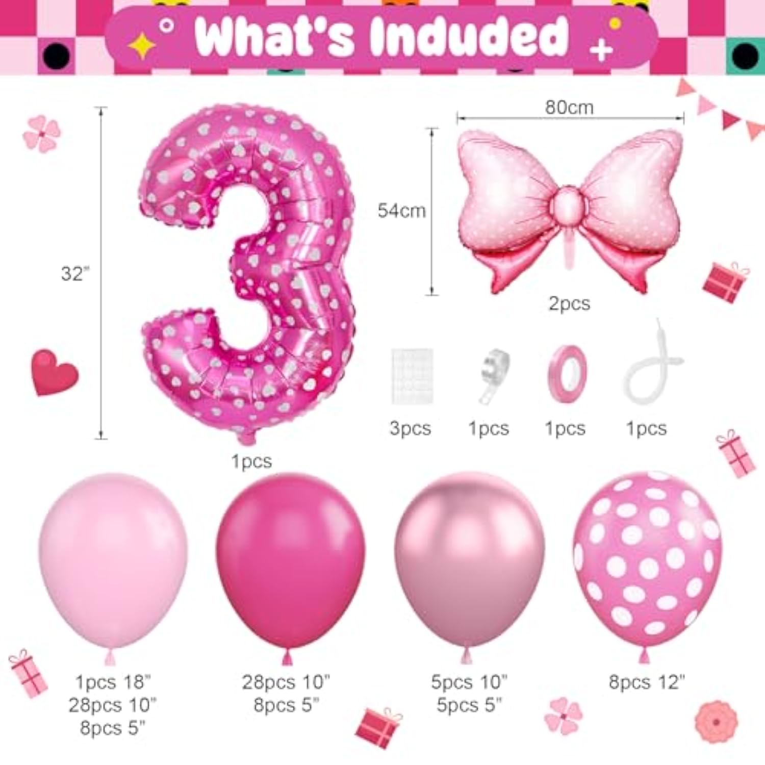 Pink 3Rd Birthday Balloons Decorations, Hot Pink Rose Polka Dots Balloon Arch Kit, Huge Bow Foil Balloons, Pink Number 3 Balloon Tower For Baby Shower Girls Princess 3Rd Theme Party