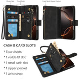 Compatible With Iphone 16 Pro Max Wallet Case - Pu Leather Wallet Case For Iphone 16 Pro Max With Credit Card Holder Rfid Blocking Zipper Pocket [Wrist Strap] Protective Case (Black)