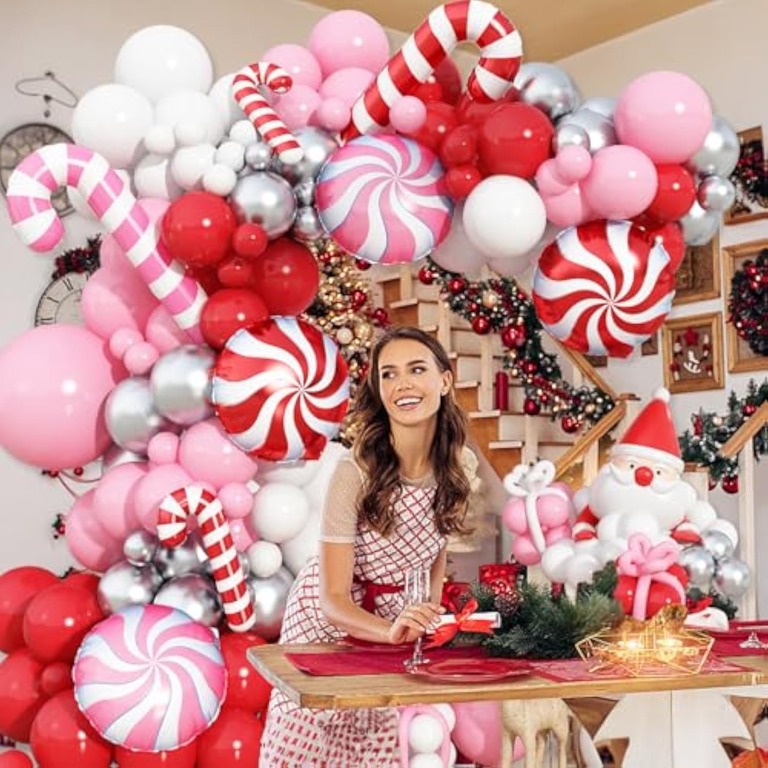 Christmas Balloon Arch 147 Pcs Red Pink White Silver Latex Balloons Garland Kit Pink Red Xmas Candy Cane Foil Balloon For Merry Christmas Birthday Baby Shower Holiday New Year Party Decoration