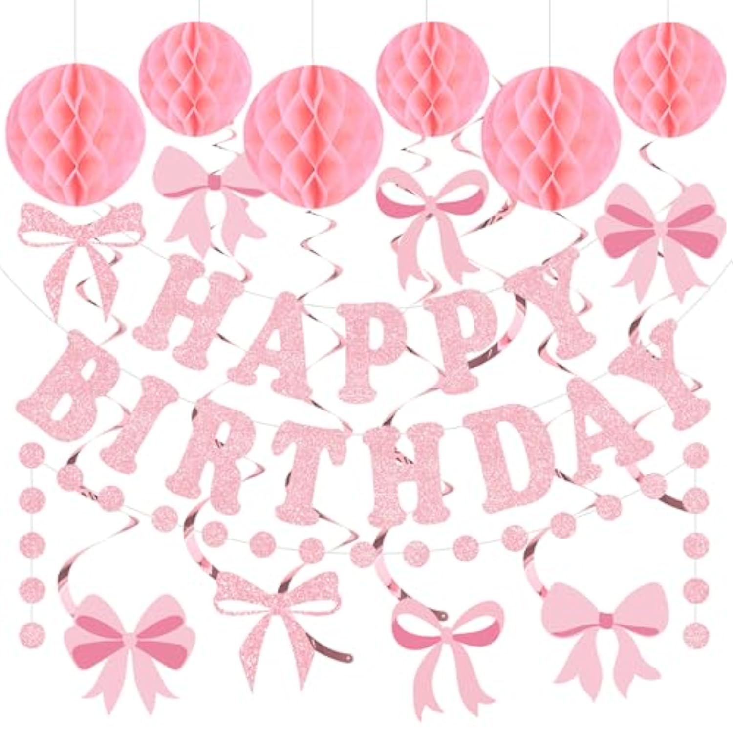 Pink Bow Birthday Party Decorations Pink Glittery Happy Birthday Banner Garland Bow Hanging Swirls And Honeycomb Balls Coquette Birthdays Decor For Women Girls Birthdays Party Supplies