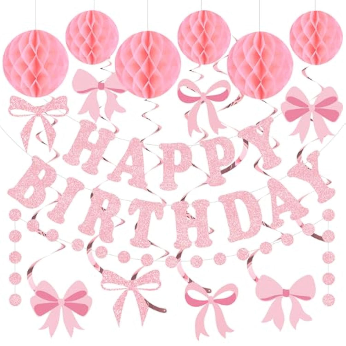 Pink Bow Birthday Party Decorations Pink Glittery Happy Birthday Banner Garland Bow Hanging Swirls And Honeycomb Balls Coquette Birthdays Decor For Women Girls Birthdays Party Supplies