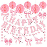 Pink Bow Birthday Party Decorations Pink Glittery Happy Birthday Banner Garland Bow Hanging Swirls And Honeycomb Balls Coquette Birthdays Decor For Women Girls Birthdays Party Supplies