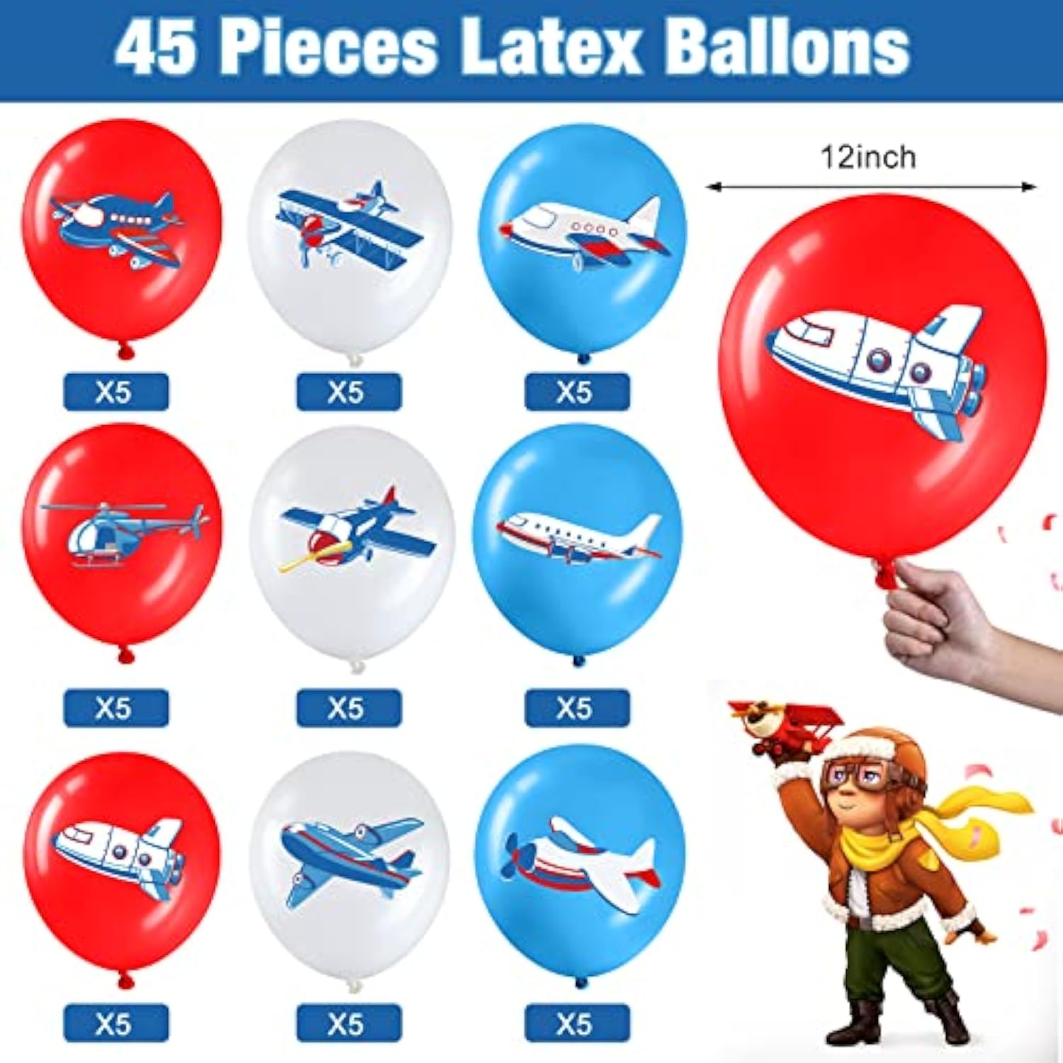 45PCS Airplane Balloon Party Set – "Time Flies" Birthday Decorations for Kids & Baby Shower