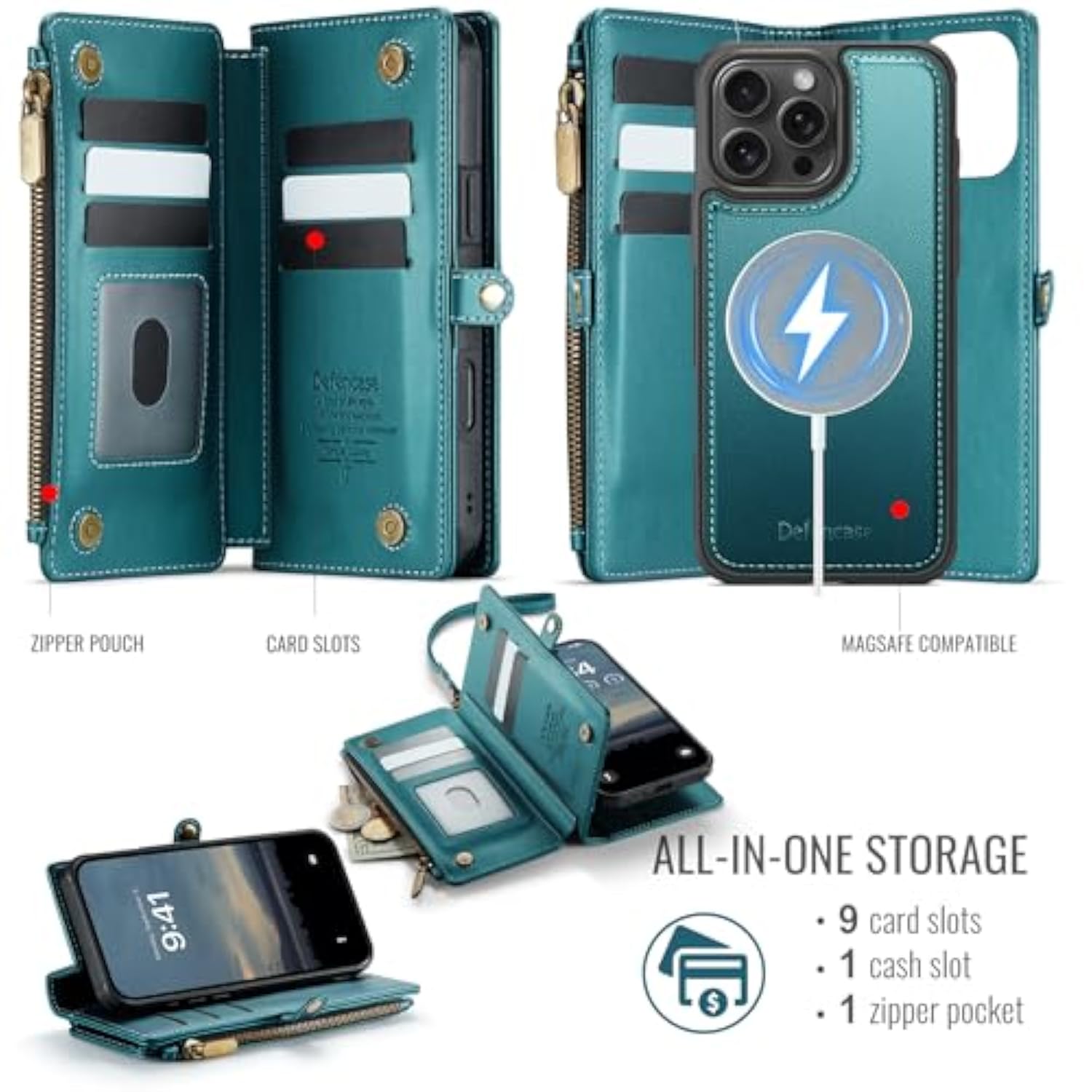 For Iphone 16 Pro Magnetic Wallet Case Compatible With Magsafe With Rfid Blocking Zipper Strap Card Holder For Women Men Pu Leather Detachable Case For Iphone 16 Pro (6.3 Inches), Blue Green