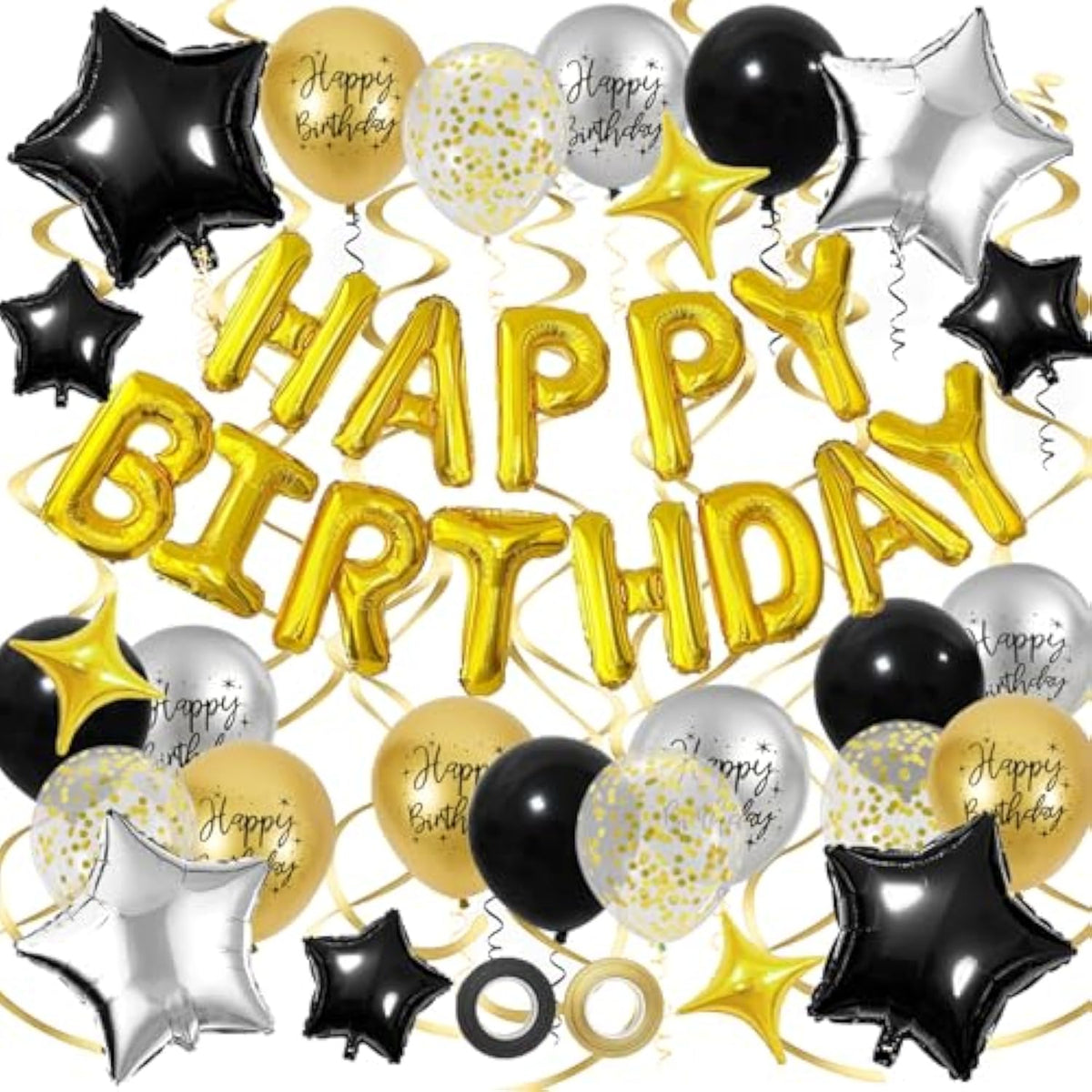 Black Gold Birthday Party Set with 3D Foil Banner Stars and Confetti Balloons