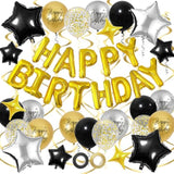 Black Gold Birthday Party Set with 3D Foil Banner Stars and Confetti Balloons