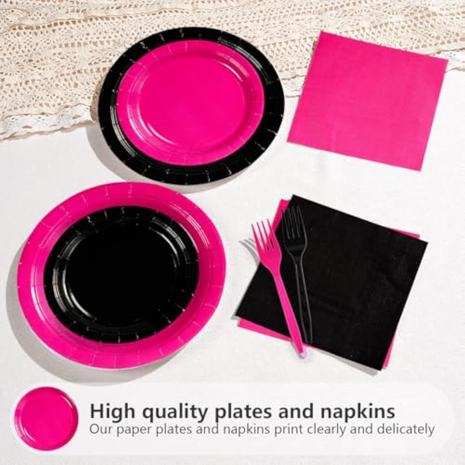 96 Pcs Hot Pink And Black Birthday Decorations Hot Pink Party Plates And Napkins Disposable Heavy Duty Pink And Black Tableware Set For Girls Women Birthday Bridal Shower Halloween Party