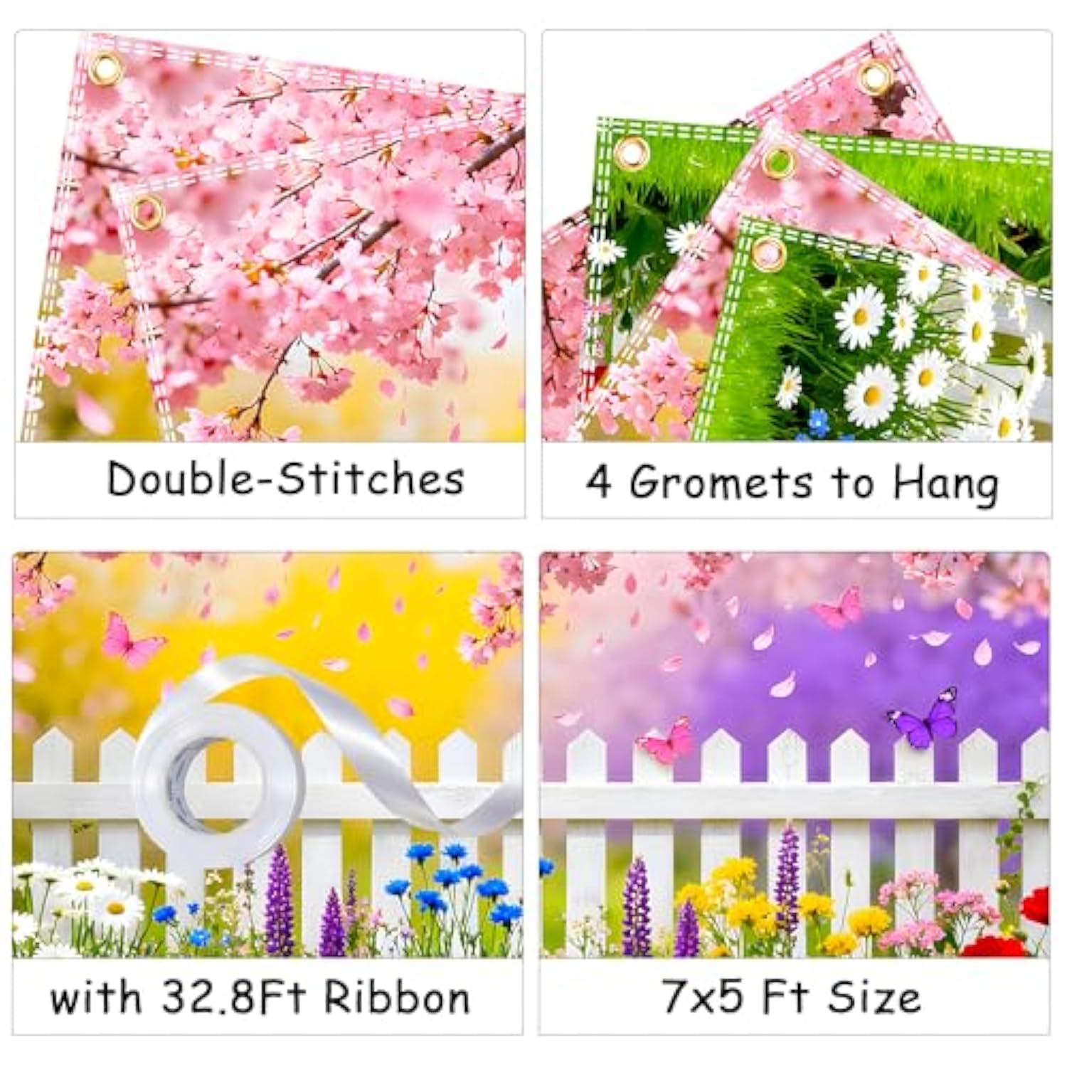 Spring Easter Backdrop 7X5Ft Pink Flowers Garden Backdrop Polyester Easter Backdrops For Photography Spring Banner Natural Scenery Background For Birthday Wedding Party Photo Studio Prop With Ribbon
