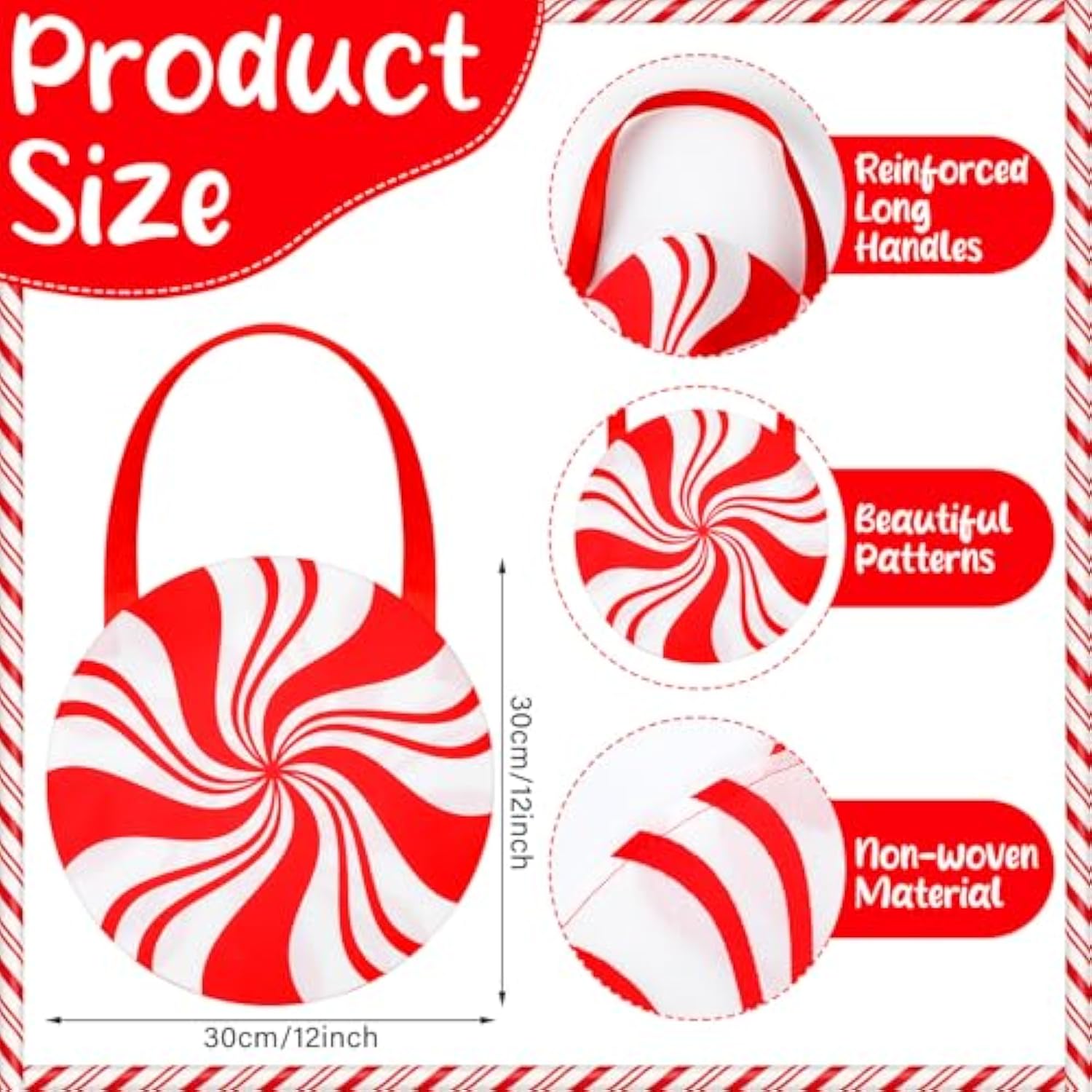 12 Pcs Christmas Gifts Bag Christmas Candy Shaped Bags Reusable Non-Woven Fabric Christmas Tote Bags White Red Gifts Bags With Handle Christmas Candy Treats Cookie Gift Bag For Christmas Party