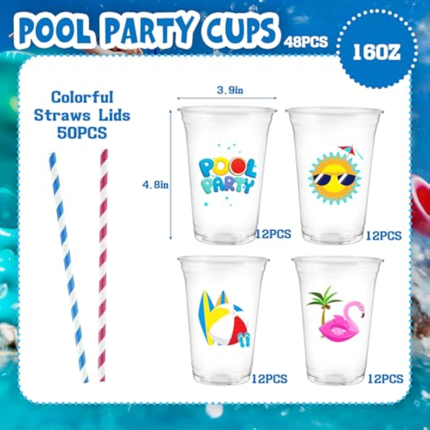 48Pcs Beach Pool Party Plastic Cups With Paper Lids Summer 16Oz Luau Swimming Party Disposable Plastic Cups Drinkware For Beach Ball Pool Birthday Decorations Favors