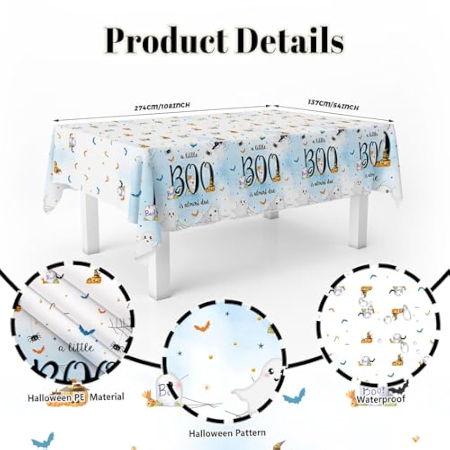 3 Pack Little Boo Tablecloth, Disposable Plasticable A Little Boo Is Almost Due Baby Boy Table Cloth Rectangle 54X108 Inch, Table Cover For Blue Halloween Baby Shower Deco Party Supplies