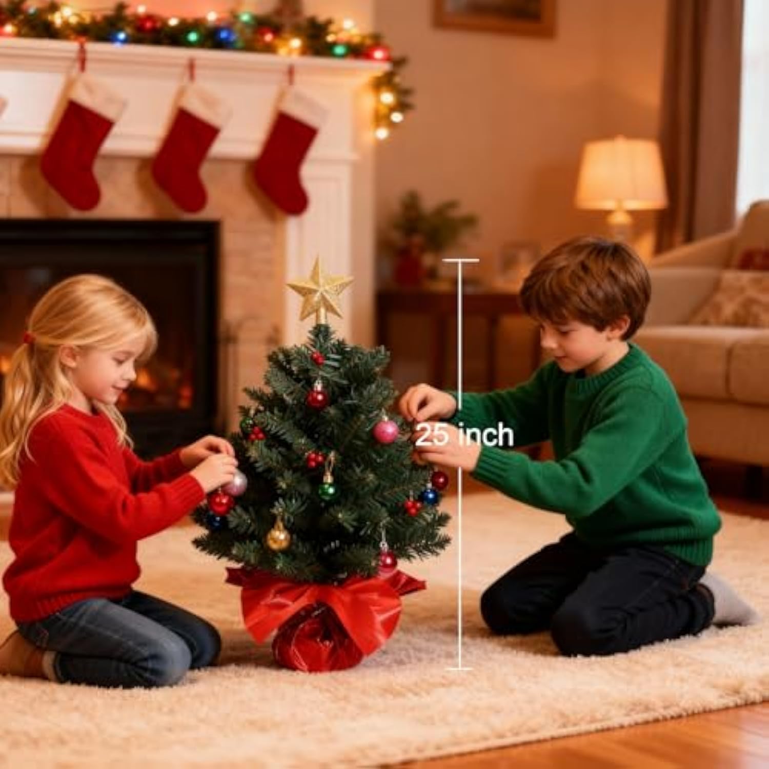 24 Inch Tabletop Christmas Tree, Artificial Mini Xmas Pine Tree With Led String Lights And Ornaments,Christmas Decoration Tree Decor-Red