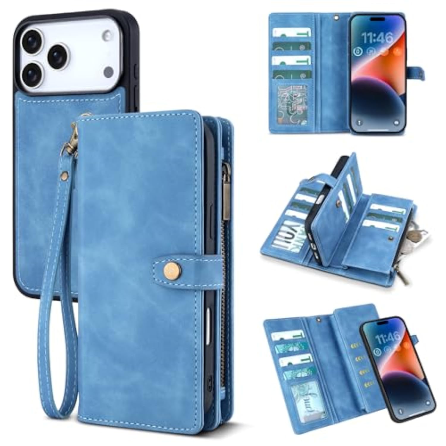 Leather Wallet Case for iPhone 17 Pro with 11 Card Holders, Sky Blue
