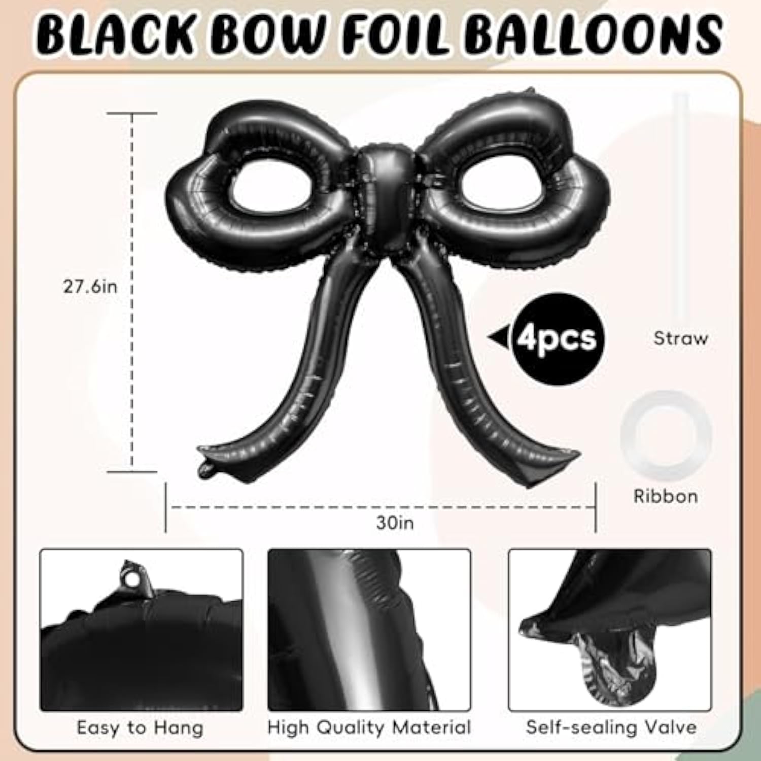 4 Pcs Black Bow Balloons, Giant Foil Decorations for Birthday, Baby Shower & Wedding