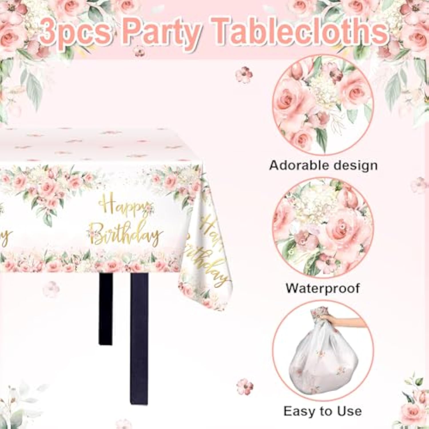 3 Pcs Rose Gold Pink Floral Happy Birthday Tablecloths 108x54 Inch