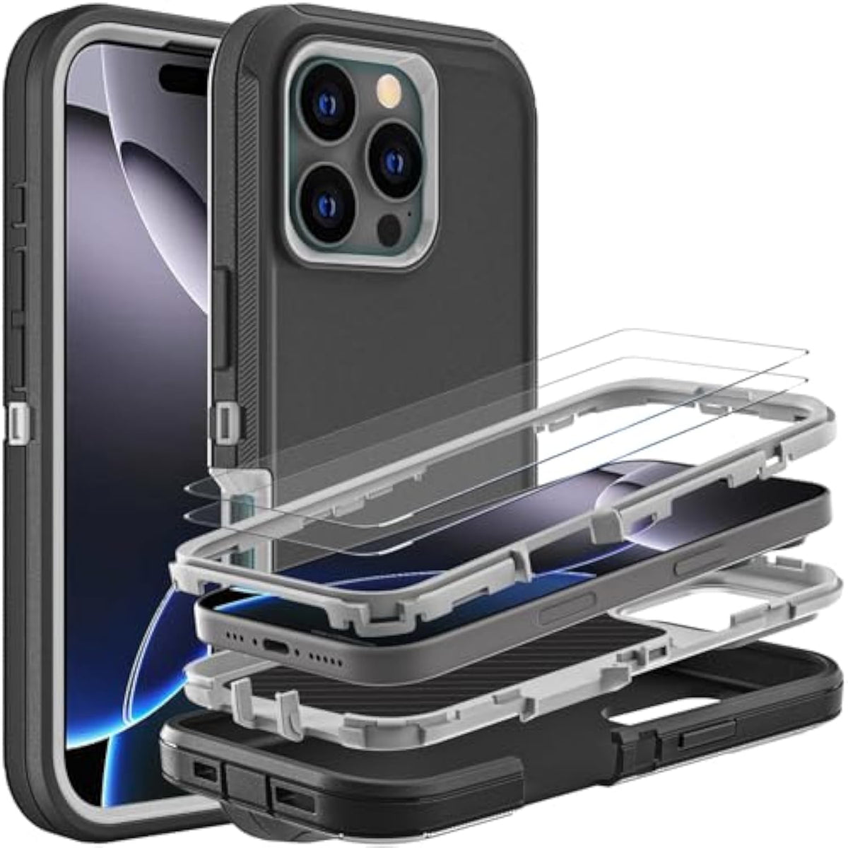 For Iphone 16 Pro Max Case, Military Grade 3 In 1 Heavy Duty Shockproof/Drop Proof/Dust Proof Case With 2Pcs Tempered Glass Screen Protector (Black/Grey)