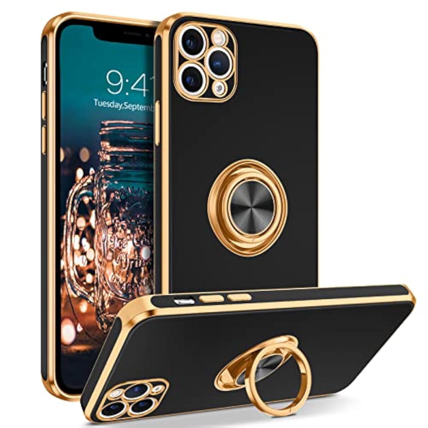 For Iphone 11 Pro Max Case, Phone Case Iphone 11 Promax, Slim Fit Kickstand Ring Holder Shockproof Protection Soft Tpu Bumper Protective Girls Women Boy Iphone 11 Promax 6.5 Cover,Black/Gold