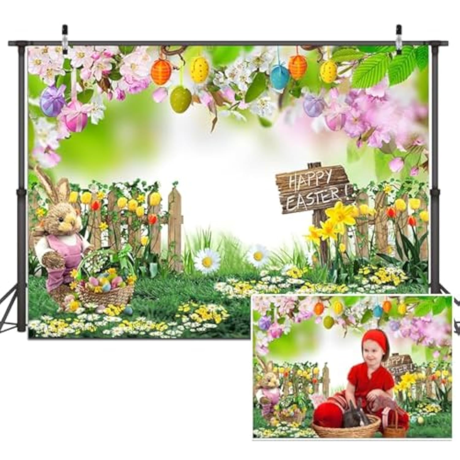 7X5Ft Spring Easter Backdrop Pink Flower Garden Photography Backdrop Easter Decor Banner Kids Children Birthday Banner