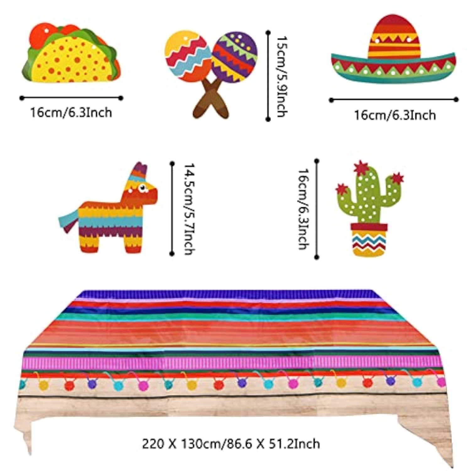 Fiesta Party Decorations, Multicoloured Tablecover Paper Fans Pompoms