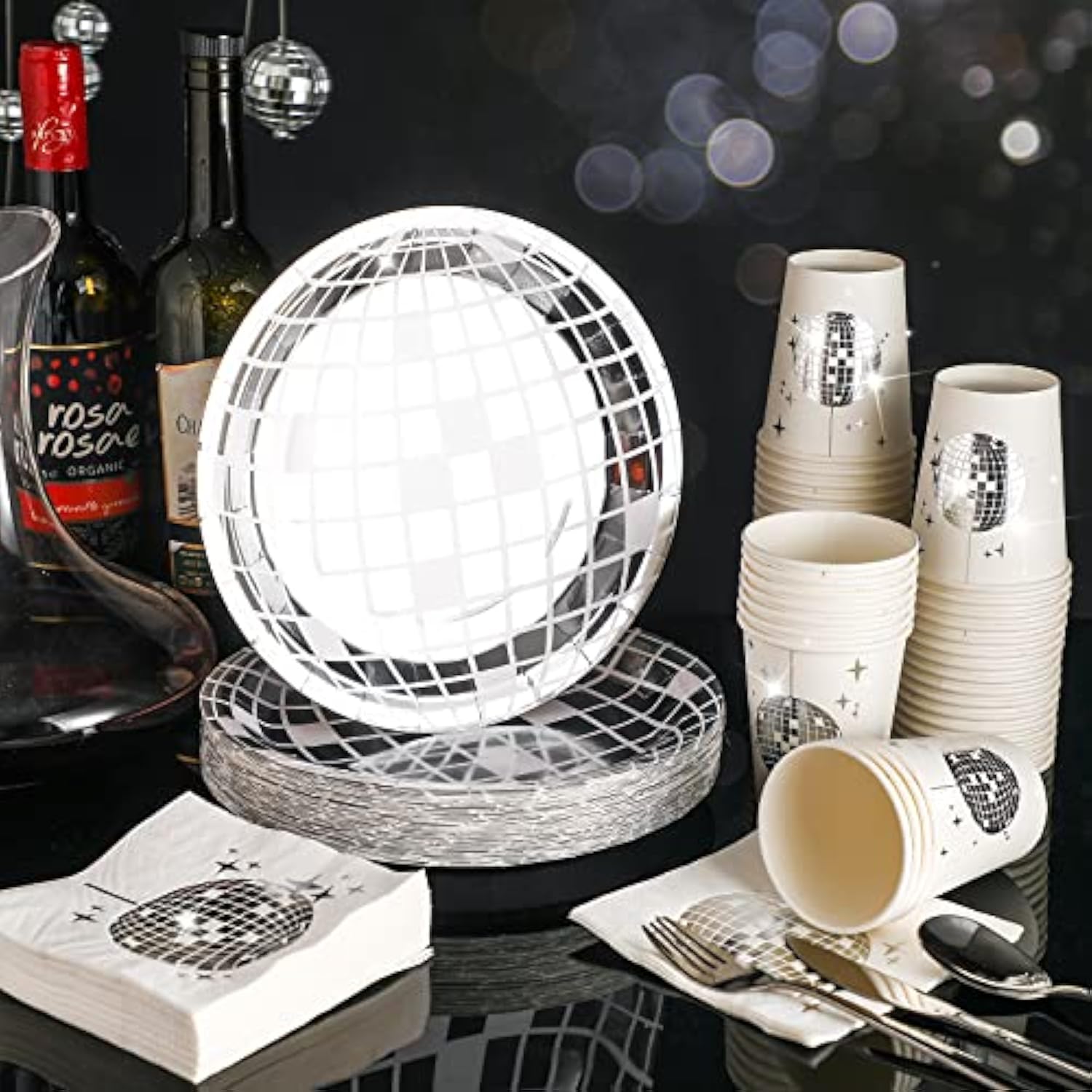 150 Pcs 70S Disco Party Supplies Silver Disco Ball Paper Dinner Plates, Paper Cups, Cocktail Napkins For Wedding Picnic Travel(White And Silver)